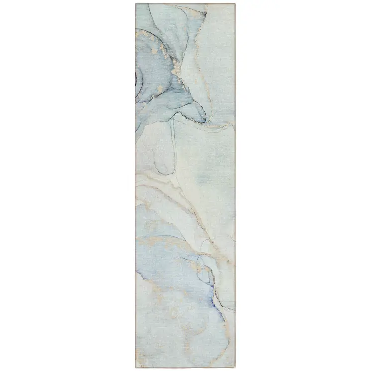 8' Runner Beige and Blue Abstract Washable Non Skid Indoor Outdoor Runner Rug