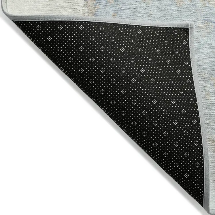 8' Runner Beige and Blue Abstract Washable Non Skid Indoor Outdoor Runner Rug