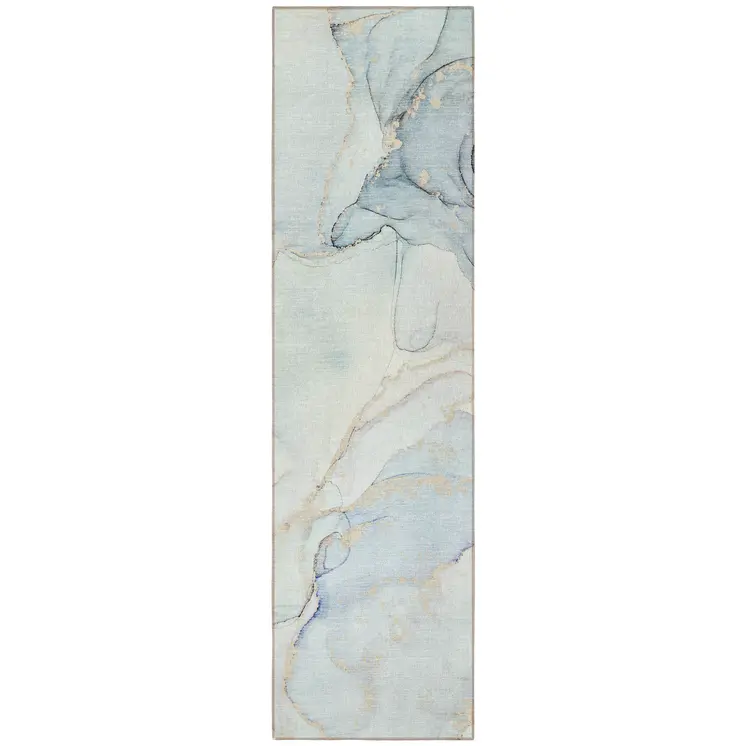 8' Runner Beige and Blue Abstract Washable Non Skid Indoor Outdoor Runner Rug