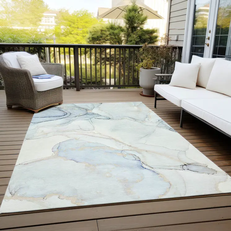 3' X 5' Beige and Blue Abstract Washable Non Skid Indoor Outdoor Area Rug