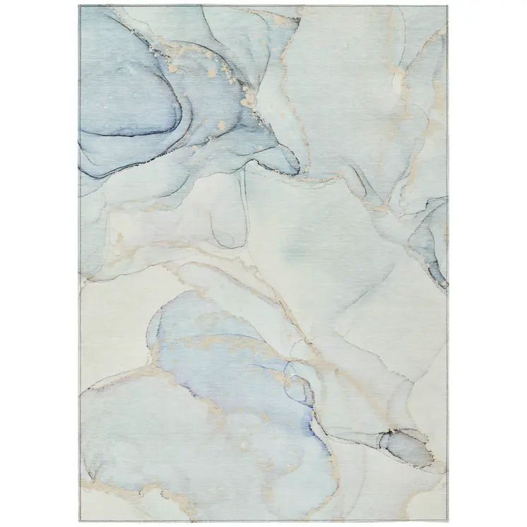 5' X 8' Beige and Blue Abstract Washable Non Skid Indoor Outdoor Area Rug