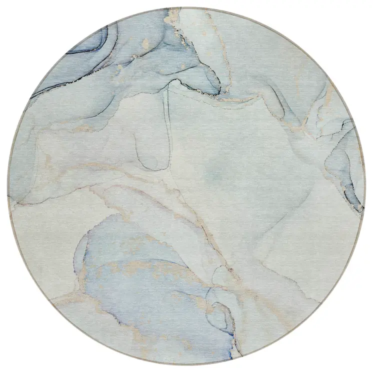 8' Round Beige and Blue Round Abstract Washable Non Skid Indoor Outdoor Area Rug