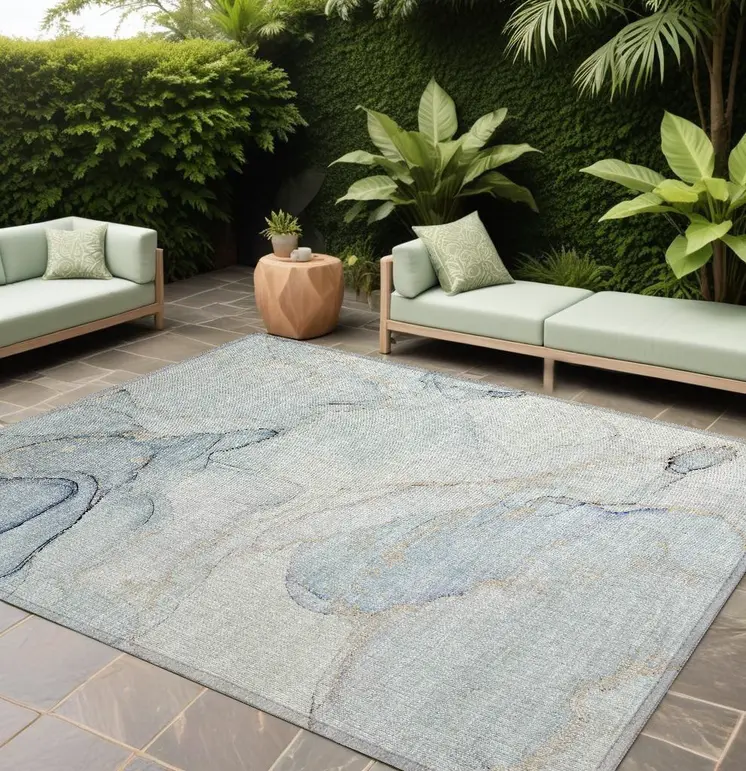 10' X 14' Beige and Blue Abstract Washable Non Skid Indoor Outdoor Area Rug