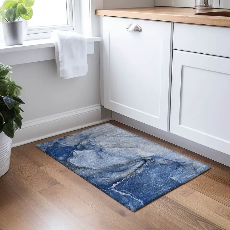 2' X 3' Navy Blue Abstract Washable Non Skid Indoor Outdoor Area Rug