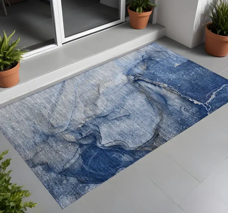 2' X 3' Navy Blue Abstract Washable Non Skid Indoor Outdoor Area Rug