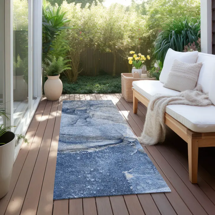 2' X 8' Navy Blue Abstract Washable Indoor Outdoor Runner Rug
