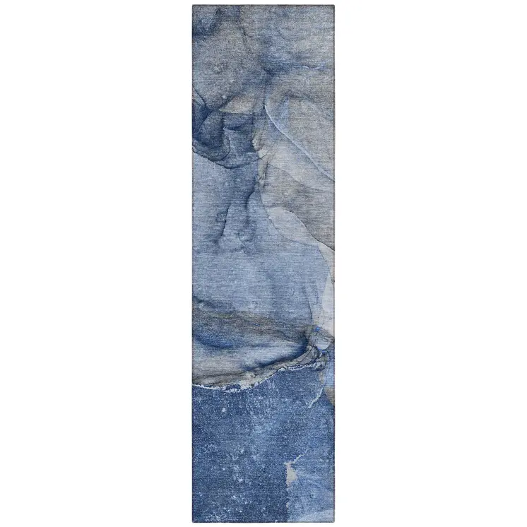 2' X 8' Navy Blue Abstract Washable Indoor Outdoor Runner Rug