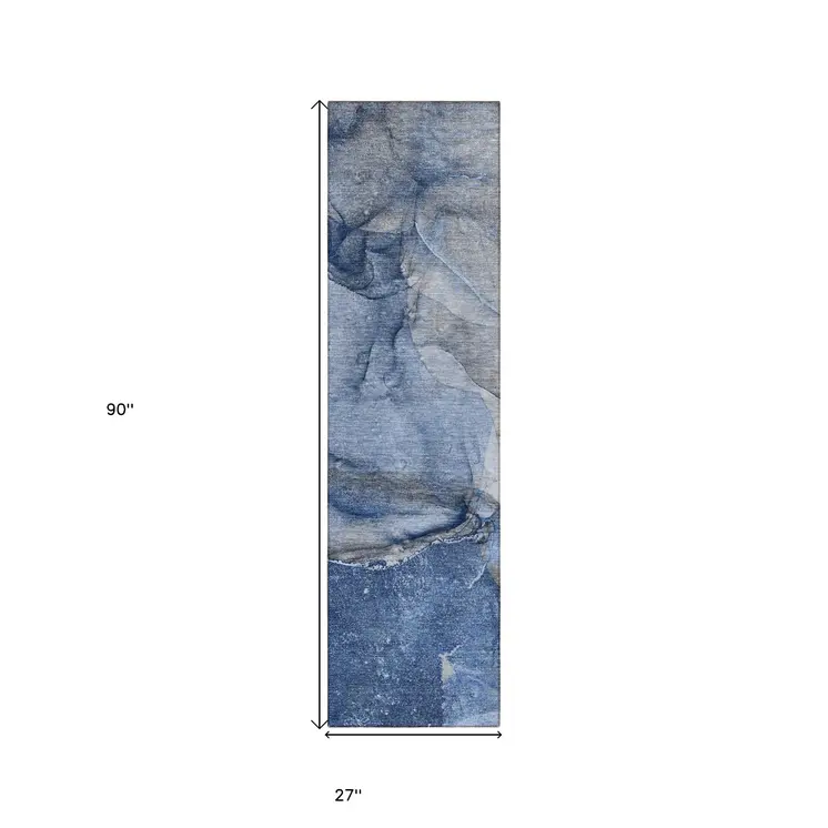 2' X 8' Navy Blue Abstract Washable Indoor Outdoor Runner Rug