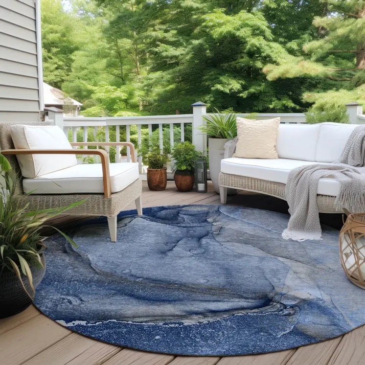 8' Round Navy Blue Round Abstract Washable Non Skid Indoor Outdoor Area Rug