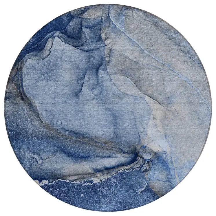 8' Round Navy Blue Round Abstract Washable Non Skid Indoor Outdoor Area Rug