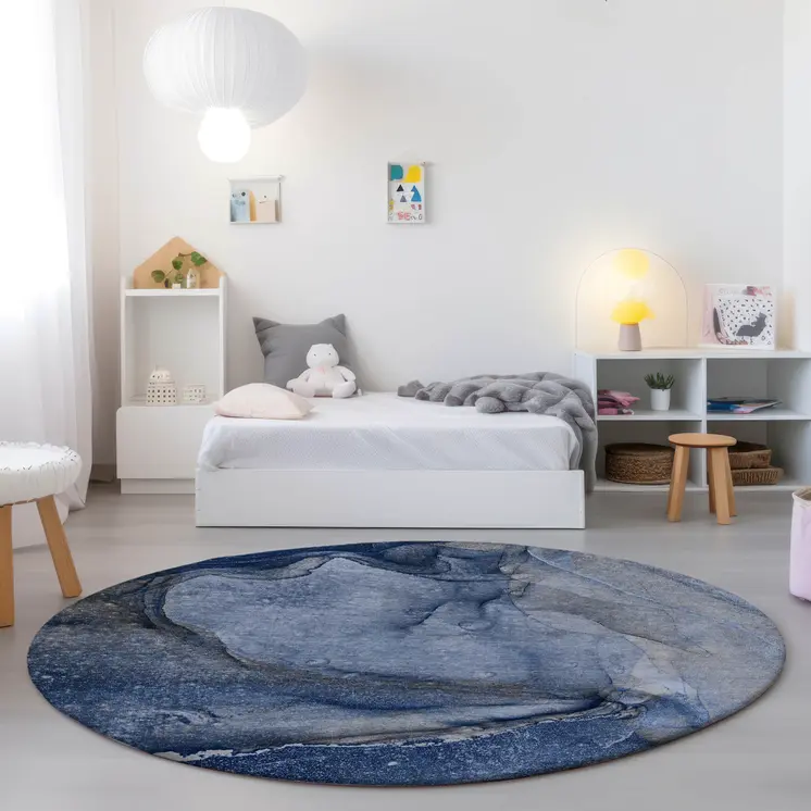 8' Round Navy Blue Round Abstract Washable Non Skid Indoor Outdoor Area Rug
