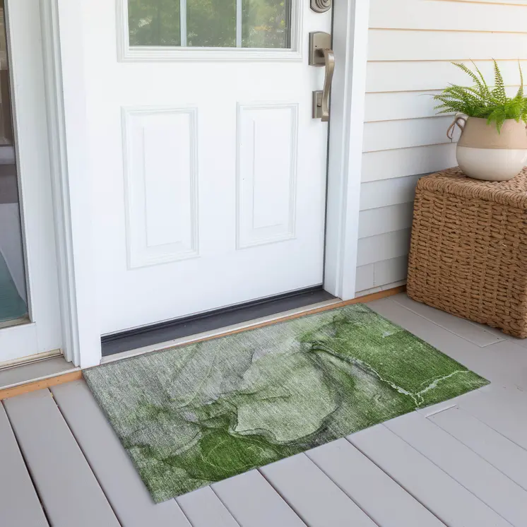 2' X 3' Olive Green Abstract Washable Non Skid Indoor Outdoor Area Rug