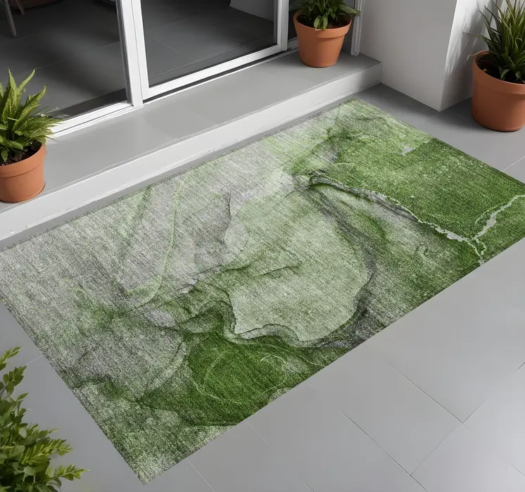 2' X 3' Olive Green Abstract Washable Non Skid Indoor Outdoor Area Rug