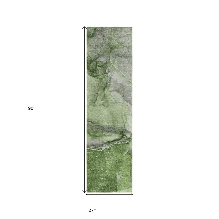 8' Runner Olive Green Abstract Washable Non Skid Indoor Outdoor Runner Rug