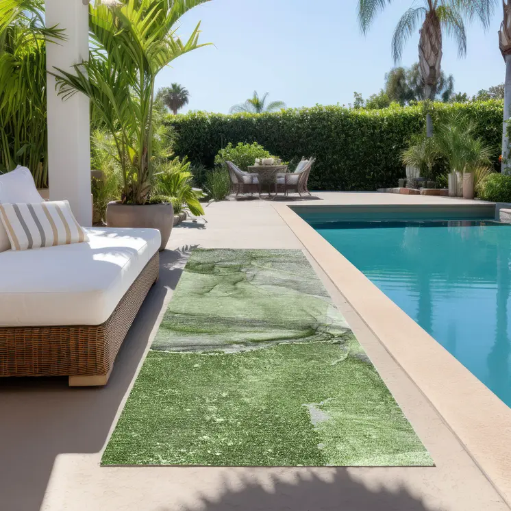 8' Runner Olive Green Abstract Washable Non Skid Indoor Outdoor Runner Rug
