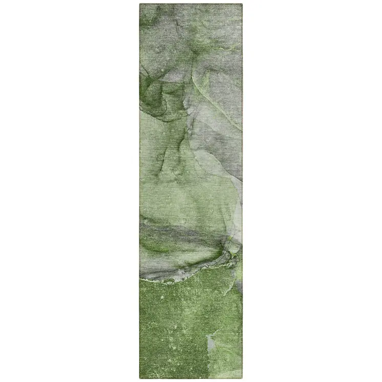 8' Runner Olive Green Abstract Washable Non Skid Indoor Outdoor Runner Rug