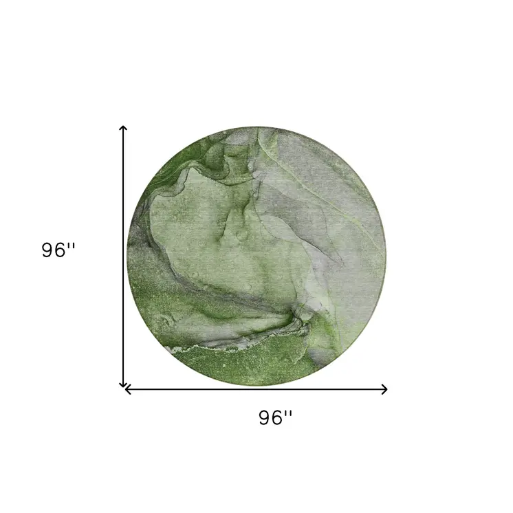 8' Round Olive Green Round Abstract Washable Non Skid Indoor Outdoor Area Rug