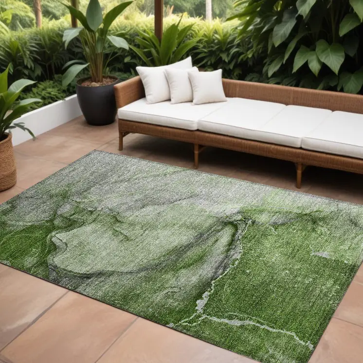 8' X 10' Olive Green Abstract Washable Non Skid Indoor Outdoor Area Rug