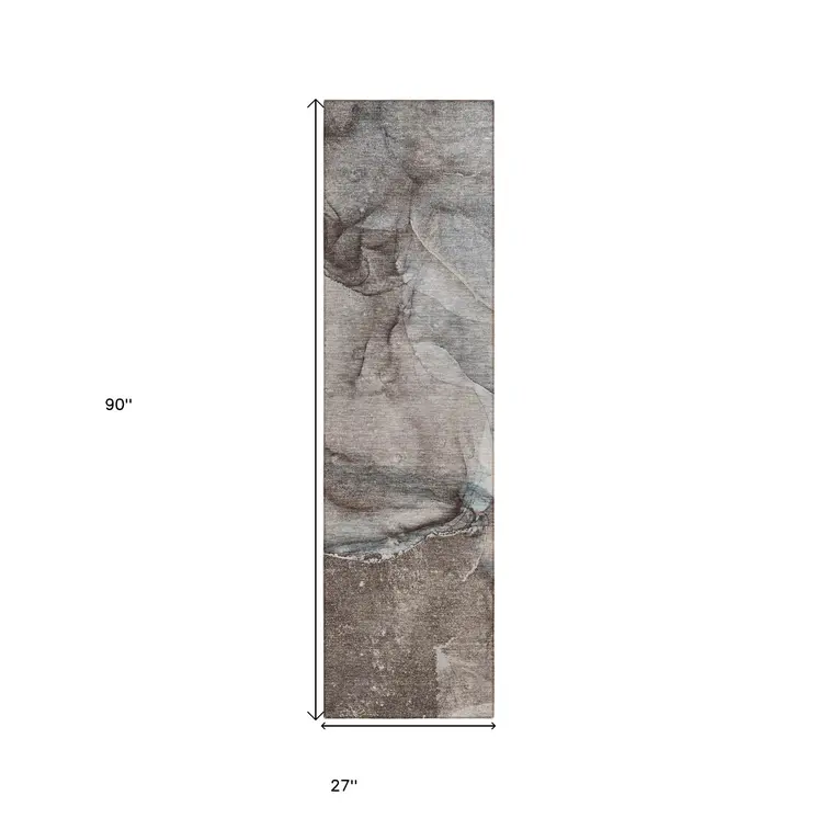 2' X 8' Taupe Abstract Washable Indoor Outdoor Runner Rug