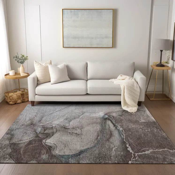 3' X 5' Taupe Abstract Washable Non Skid Indoor Outdoor Area Rug
