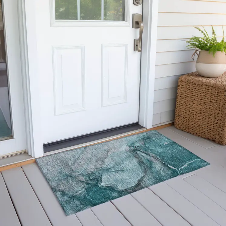 2' X 3' Teal Abstract Washable Non Skid Indoor Outdoor Area Rug