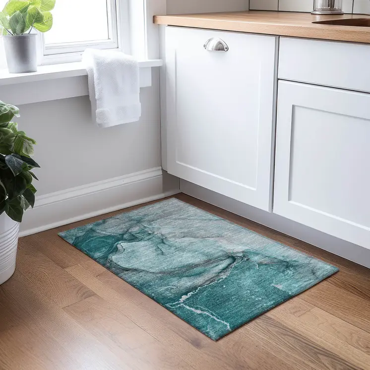 2' X 3' Teal Abstract Washable Non Skid Indoor Outdoor Area Rug