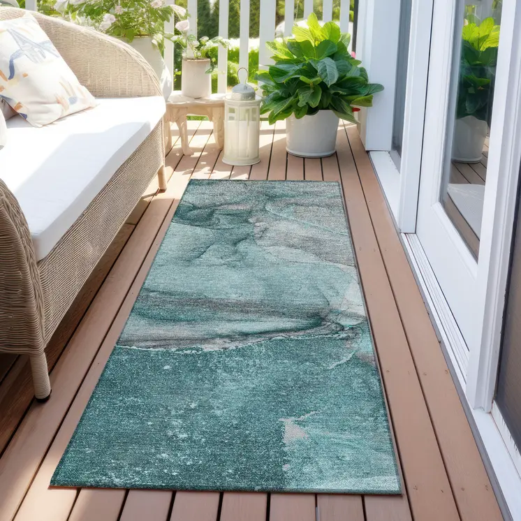 2' X 8' Teal Abstract Washable Indoor Outdoor Runner Rug
