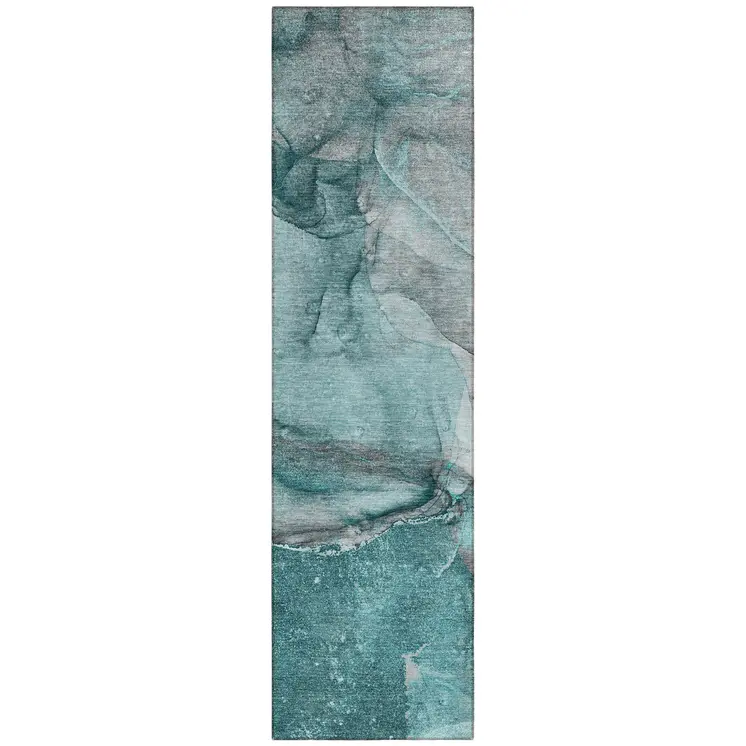 2' X 8' Teal Abstract Washable Indoor Outdoor Runner Rug