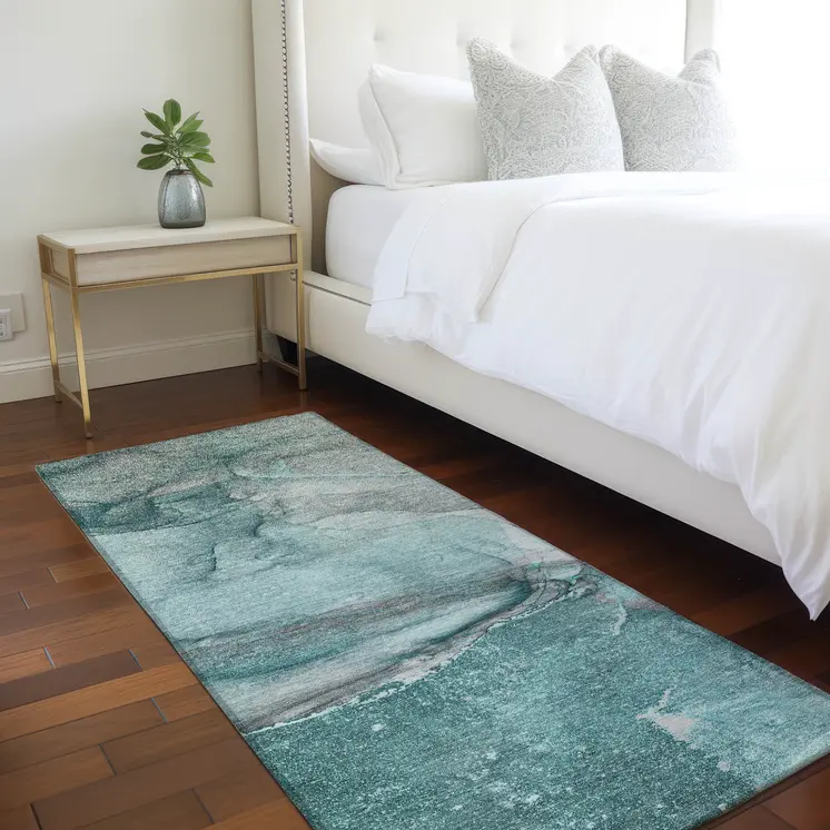 2' X 8' Teal Abstract Washable Indoor Outdoor Runner Rug