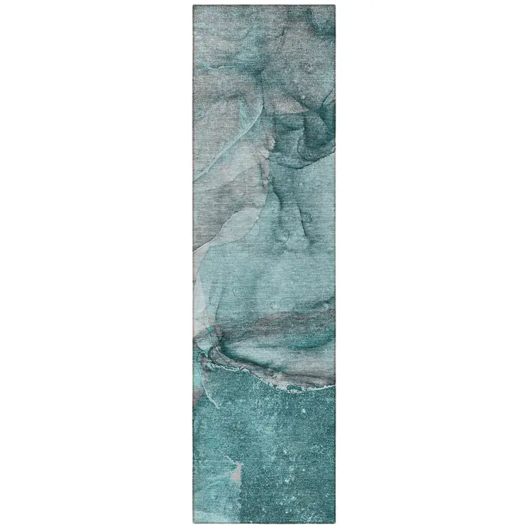 2' X 8' Teal Abstract Washable Indoor Outdoor Runner Rug
