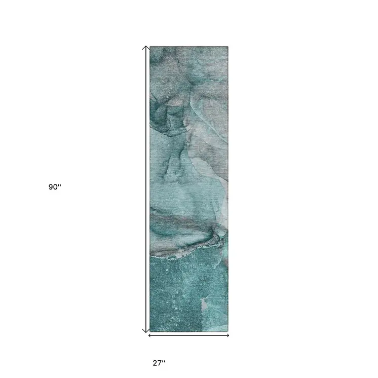 2' X 8' Teal Abstract Washable Indoor Outdoor Runner Rug