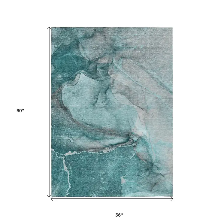 3' X 5' Teal Abstract Washable Non Skid Indoor Outdoor Area Rug