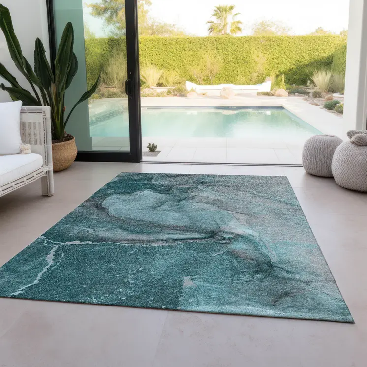 8' X 10' Teal Abstract Washable Indoor Outdoor Area Rug