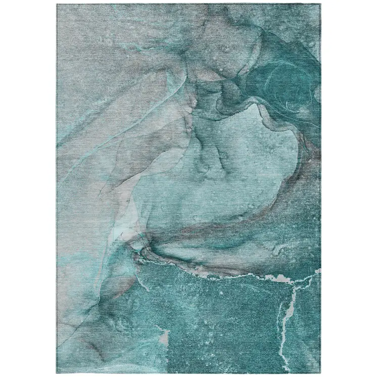 10' X 14' Teal Abstract Washable Non Skid Indoor Outdoor Area Rug