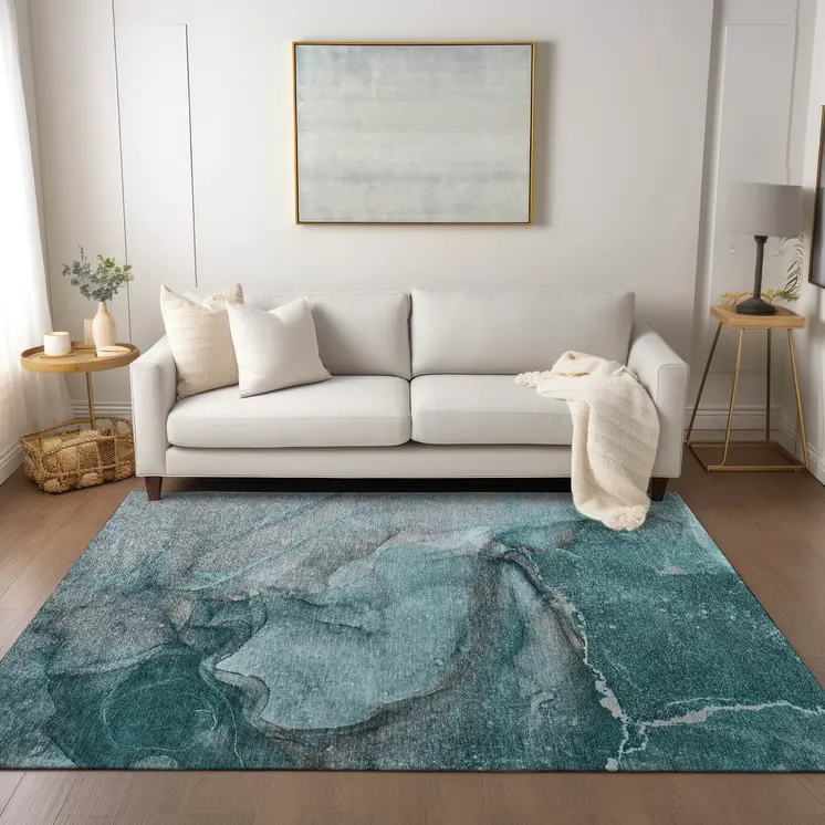 10' X 14' Teal Abstract Washable Non Skid Indoor Outdoor Area Rug