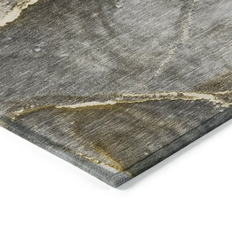 2' X 3' Gray and Gold Abstract Washable Non Skid Indoor Outdoor Area Rug
