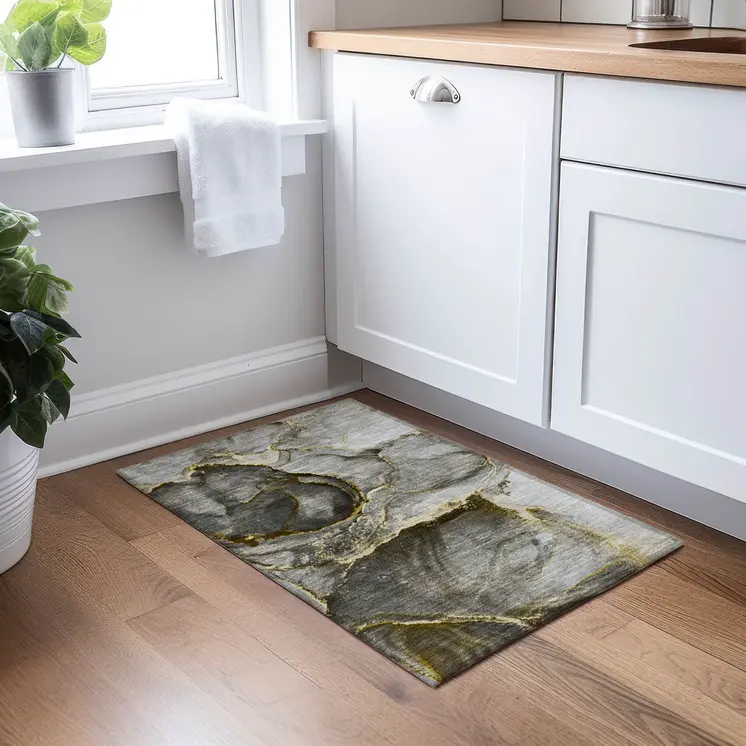 2' X 3' Gray and Gold Abstract Washable Non Skid Indoor Outdoor Area Rug