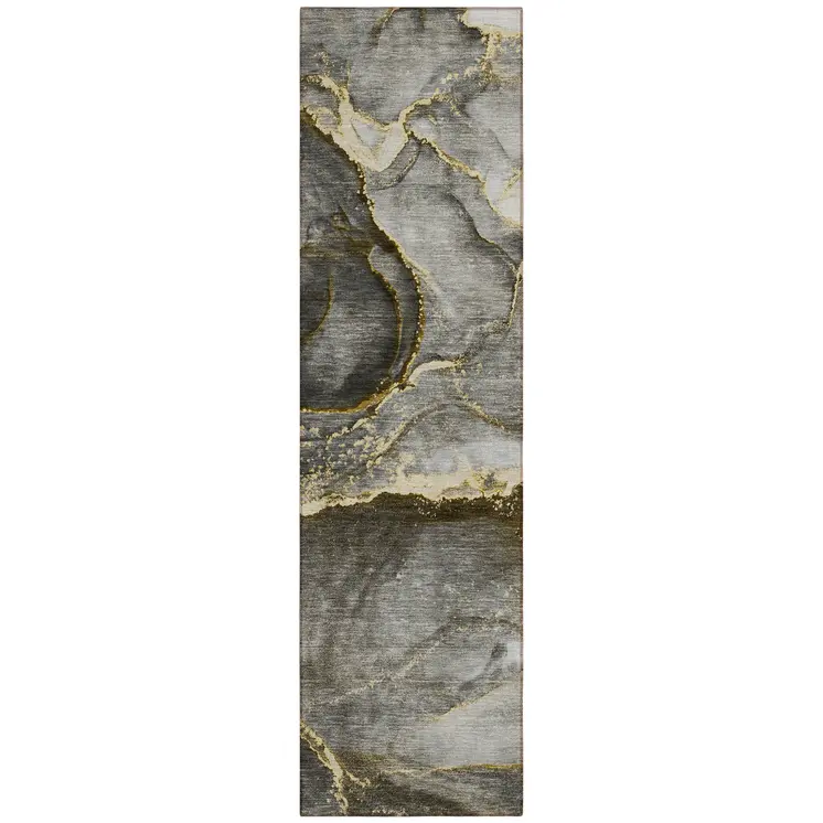 8' Runner Gray and Gold Abstract Washable Non Skid Indoor Outdoor Runner Rug