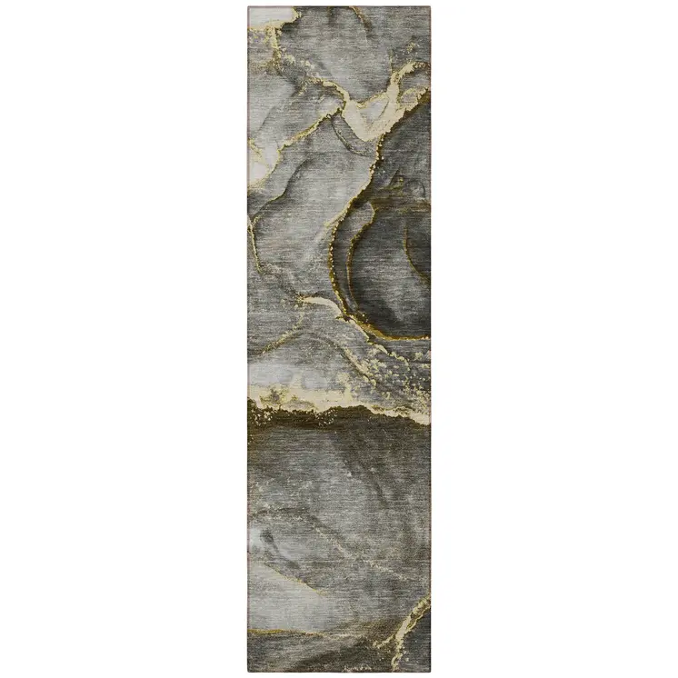 8' Runner Gray and Gold Abstract Washable Non Skid Indoor Outdoor Runner Rug