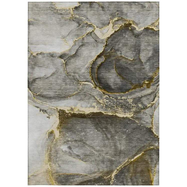 3' X 5' Gray and Gold Abstract Washable Non Skid Indoor Outdoor Area Rug