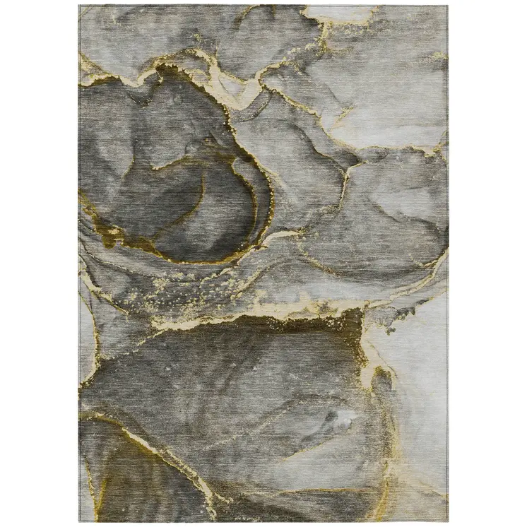 3' X 5' Gray and Gold Abstract Washable Non Skid Indoor Outdoor Area Rug