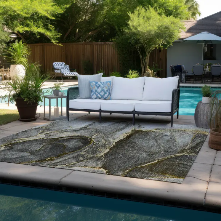 5' X 8' Gray and Gold Abstract Washable Non Skid Indoor Outdoor Area Rug
