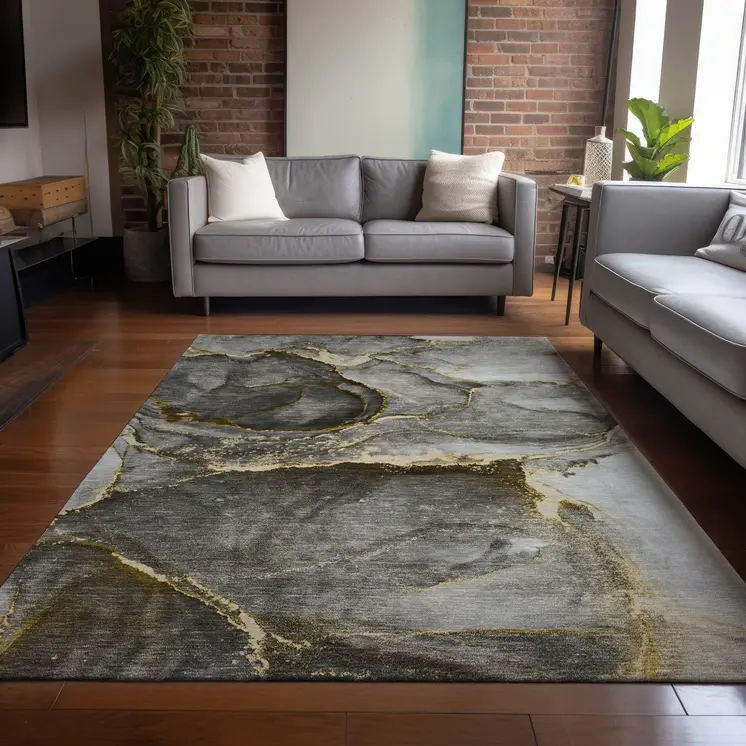 5' X 8' Gray and Gold Abstract Washable Non Skid Indoor Outdoor Area Rug
