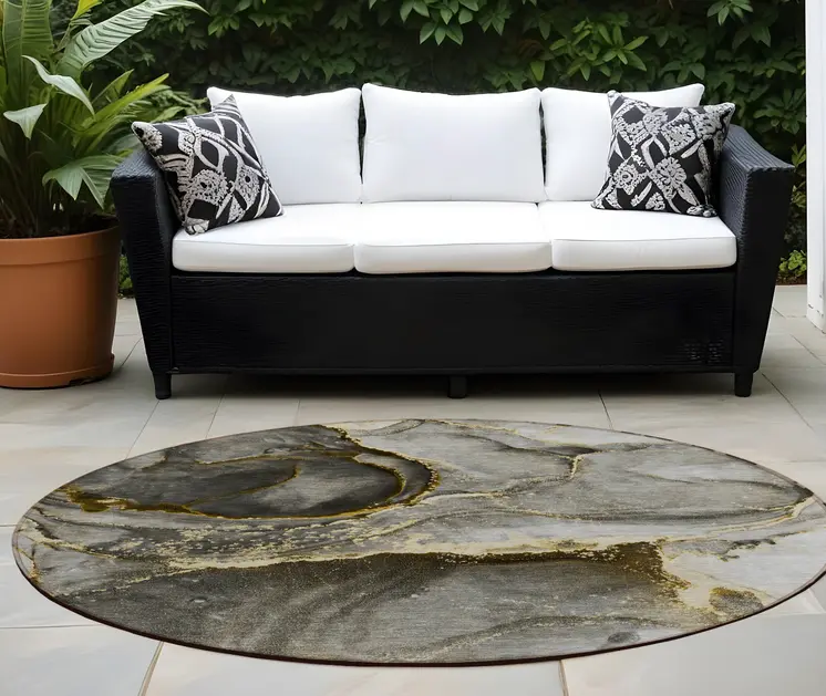 8' Round Gray and Gold Round Abstract Washable Non Skid Indoor Outdoor Area Rug