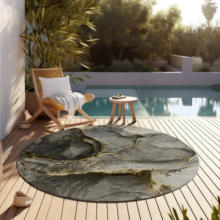 8' Round Gray and Gold Round Abstract Washable Non Skid Indoor Outdoor Area Rug