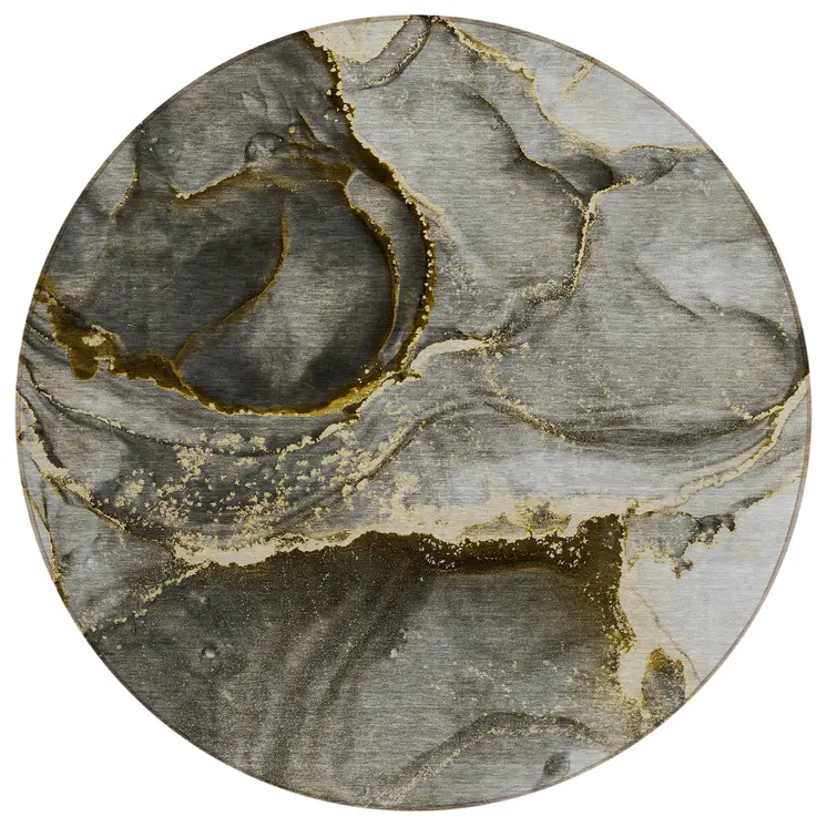 8' Round Gray and Gold Round Abstract Washable Non Skid Indoor Outdoor Area Rug