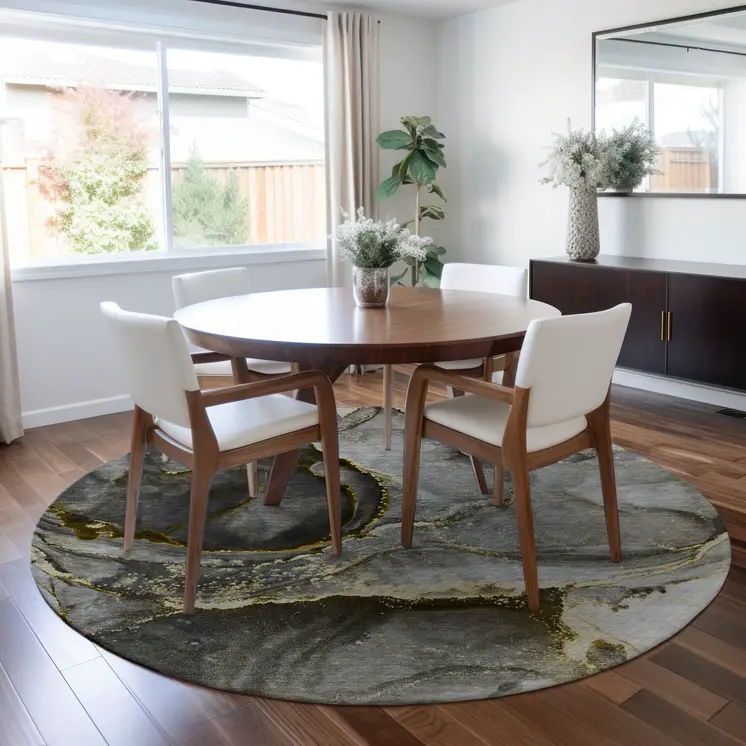8' Round Gray and Gold Round Abstract Washable Non Skid Indoor Outdoor Area Rug