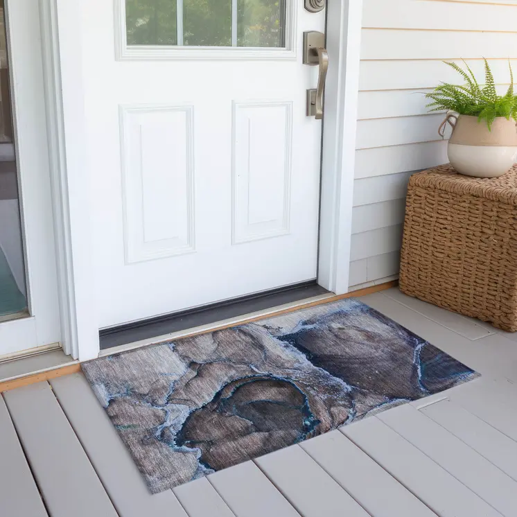 2' X 3' Navy Blue Abstract Washable Non Skid Indoor Outdoor Area Rug