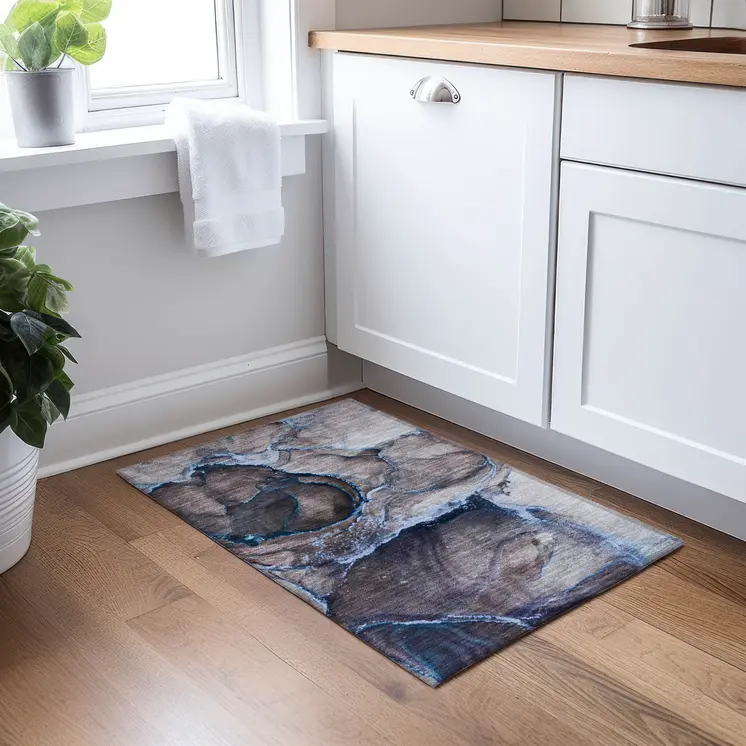 2' X 3' Navy Blue Abstract Washable Non Skid Indoor Outdoor Area Rug