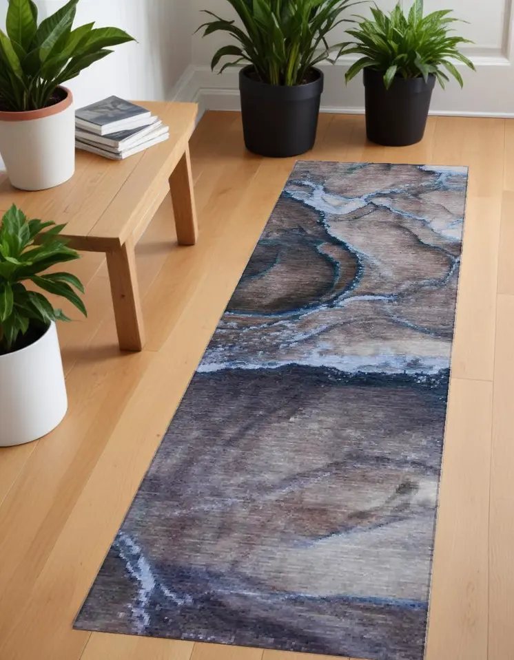 8' Runner Navy Blue Abstract Washable Non Skid Indoor Outdoor Runner Rug
